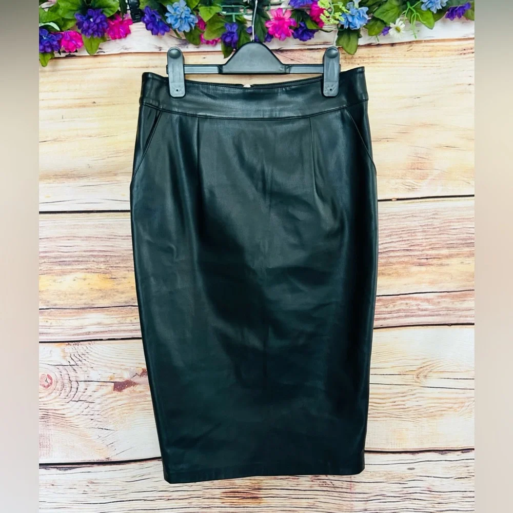 Dilvin Woman Black Faux Leather Pleated Zipper Accent Pencil Skirt Size 10